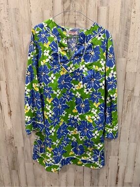 Kayce Hughes Blue Green Floral Mini Dress Size 2 Boho Preppy 60s Retro